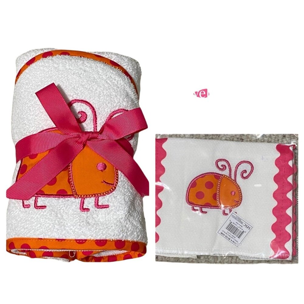 Mainstreet Collection 2pc set Ladybug pink orange hood towel burp cloth ric rac